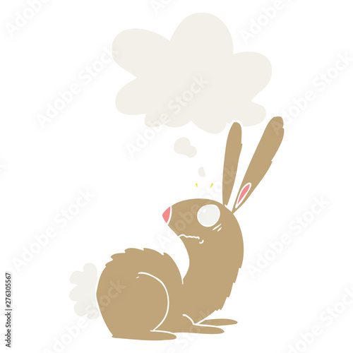 cartoon startled bunny rabbit and thought bubble in retro style