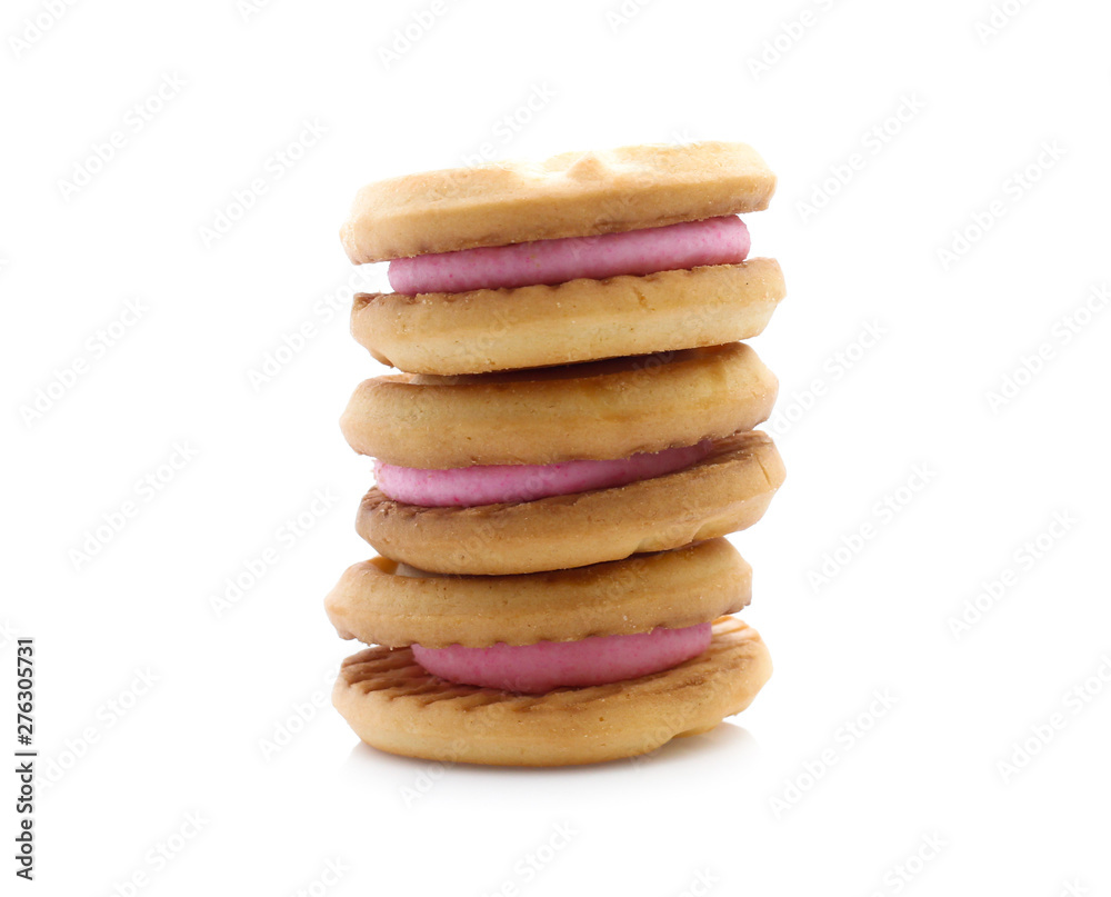 sandwich cookies with strawberry cream on white background sandwich cookies with strawberry cream on white background