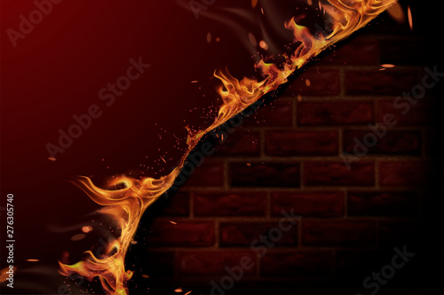 Burning fire and red brick wall