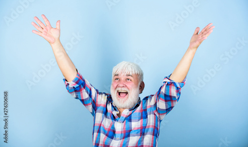 Positive emotion. Finally retirement. Successful pensioner. Satisfied achieved success. Life goals. Successful man celebrating achievement. Successful hipster lucky guy. Grandpa happy cheerful joyful photo