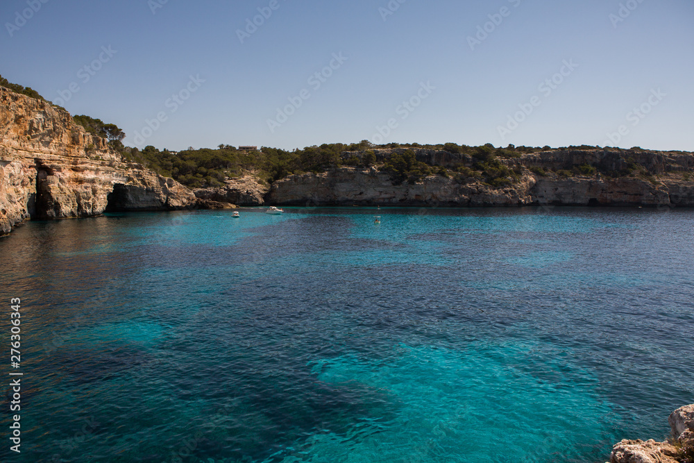 Beautiful view of cala des moro Mallorca, Spain. Bathing beach. Mediterranean sea.Idyllic turquoise crystal clear beach bay