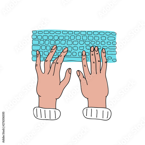 Hands and keyboard. Coding, development, hackathon, freelance worker. Vector contour line illustration for banner, poster.