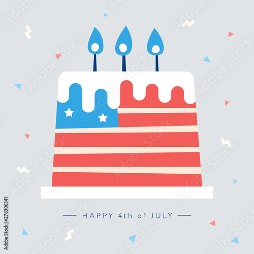 Happy 4th of July. Independence Day greeting card. Festive cake decorated in USA national flag colours. Vector illustration