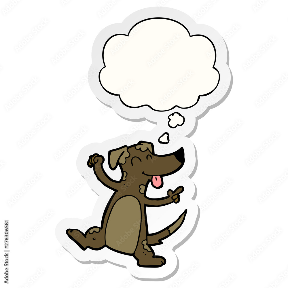 cartoon dancing dog and thought bubble as a printed sticker cartoon dancing dog and thought bubble as a printed sticker