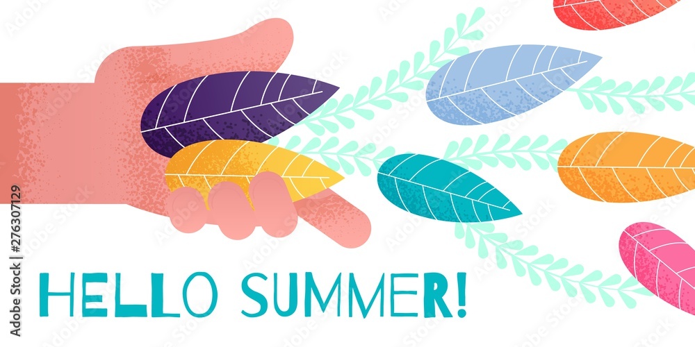 Greeting Summer Banner with Hand Throwing Leaves