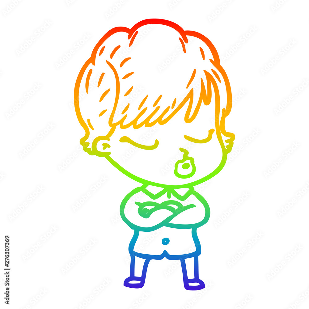 rainbow gradient line drawing cartoon woman with eyes shut
