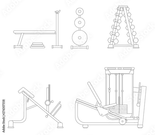 Contour Set of simulators for the gym - bench press, load for rod, hyperextension, cardio, exercise for the legs.