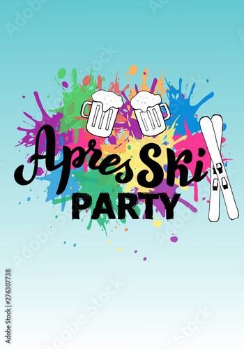 Apres ski party leaflet. Trendy lettering logo banner. Skiing resort poster. Vector eps 10.