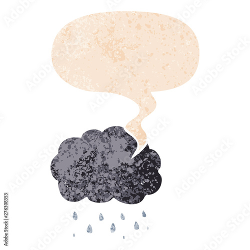 cartoon cloud raining and speech bubble in retro textured style