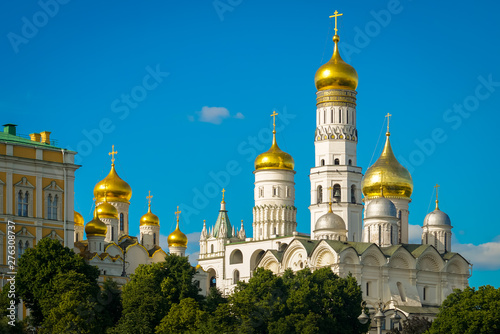The bell tower of Ivan the Great with the Church of St. John Climacus, view from the Moscow River. This is the highest part of the complex of buildings of the Moscow Kremlin.