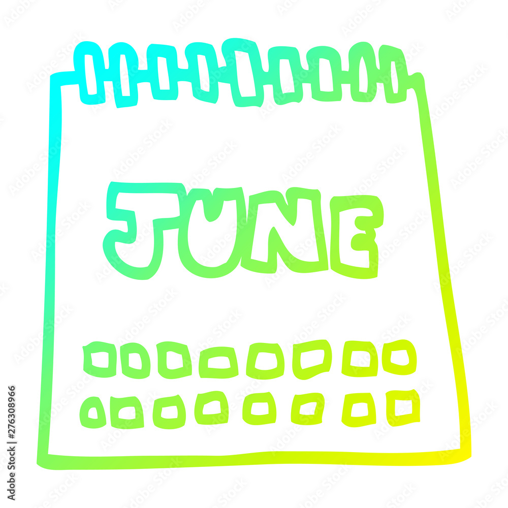 Fototapeta premium cold gradient line drawing cartoon calendar showing month of june