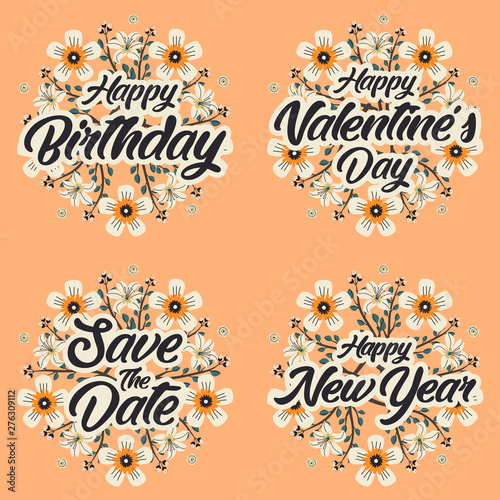Greeting white flower card message template for happy birthday, valentine's day, wedding and happy new year with flower wreath.