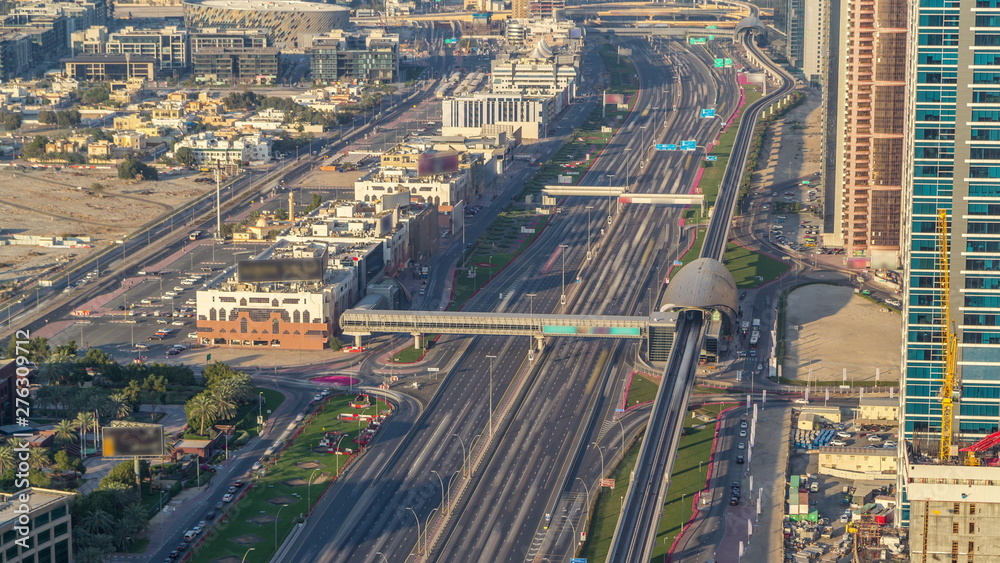 Sheikh Zayed Road at intersection of Hessa Street aerial timelapse, Dubai, United Arab Emirates.