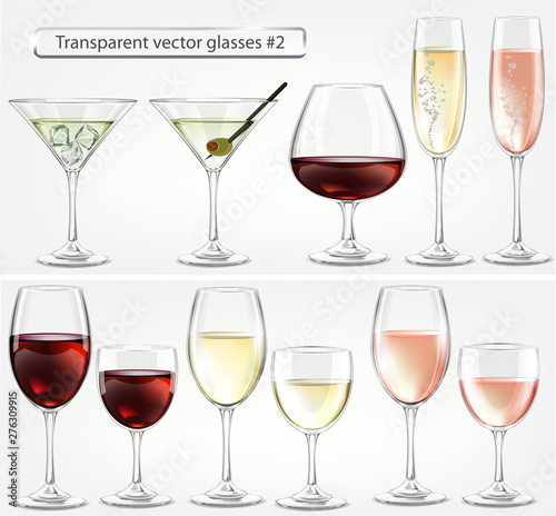 Set of transparent vector glass goblets for wine bar. Drinks of wine, brandy, champagne, martini