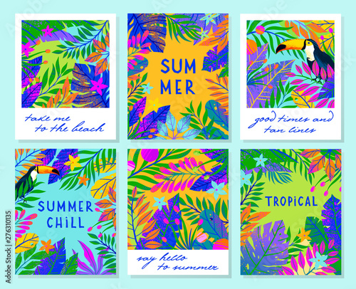 Set of summer vector illustrations with tropical leaves,flowers and toucans.Multicolor plants with hand drawn texture.Exotic backgrounds perfect for prints,flyers,banners,invitations,social media.