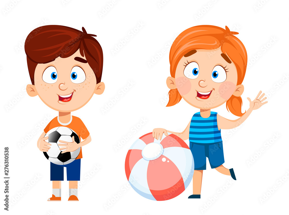 Boy and girl cartoon characters, set of two poses Boy and girl cartoon characters, set of two poses