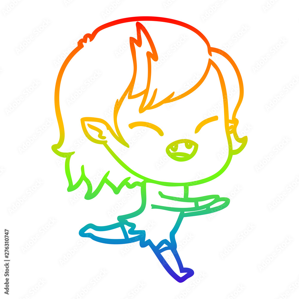 rainbow gradient line drawing cartoon laughing vampire girl running