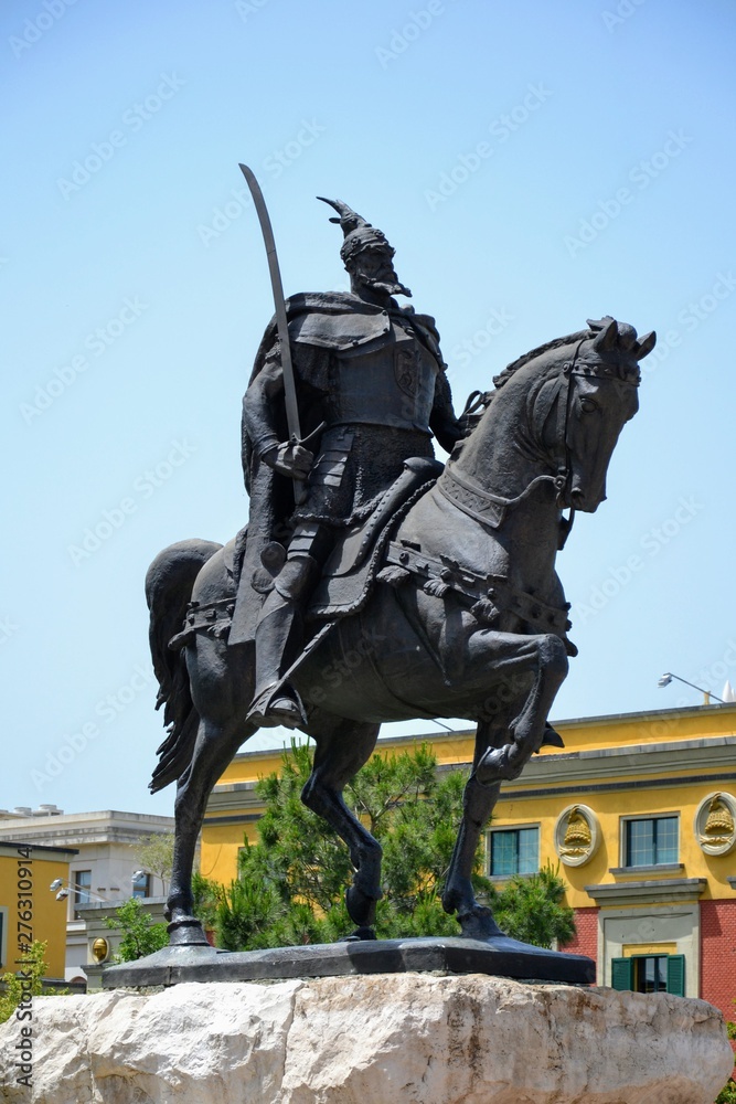 Skanderbeg monument located at Skanderbeg Square, in the Tirana city center, Albania. Close up