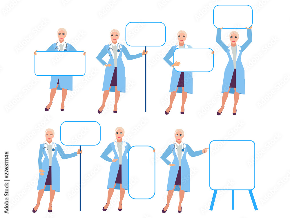 Set, isolated on white background woman doctor. Different poses, point to the tables. Cartoon vector flat Set, isolated on white background woman doctor. Different poses, point to the tables. Cartoon vector flat