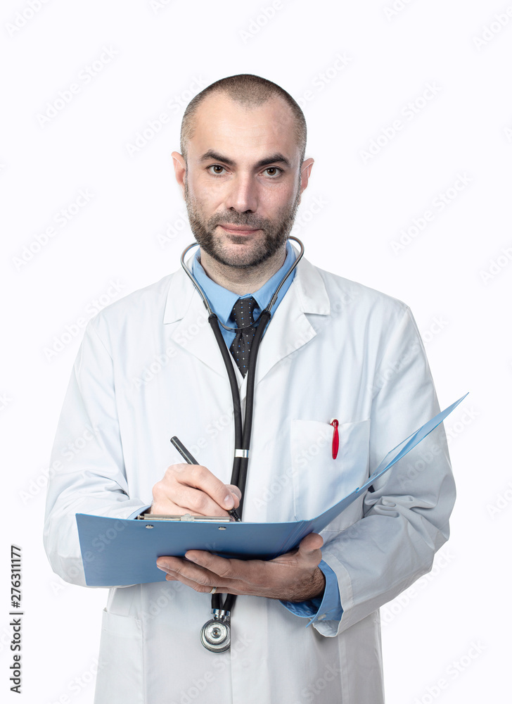portrait of doctor with lab coat writing a diagnosis.