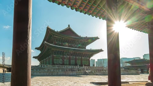 Gyeongbokgung Palace with Seoul skyline in Seoul city, South Korea time lapse