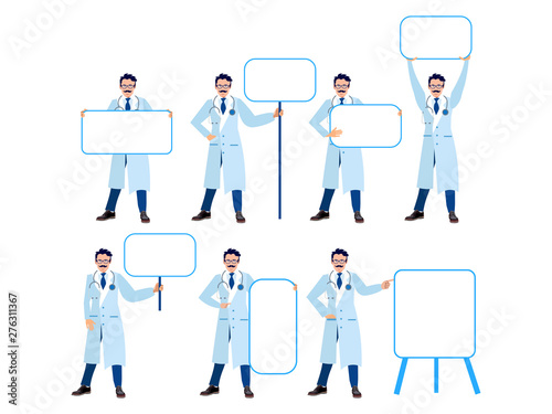 Set, isolated on white background man doctor. Different poses, point to the tables. Cartoon vector flat