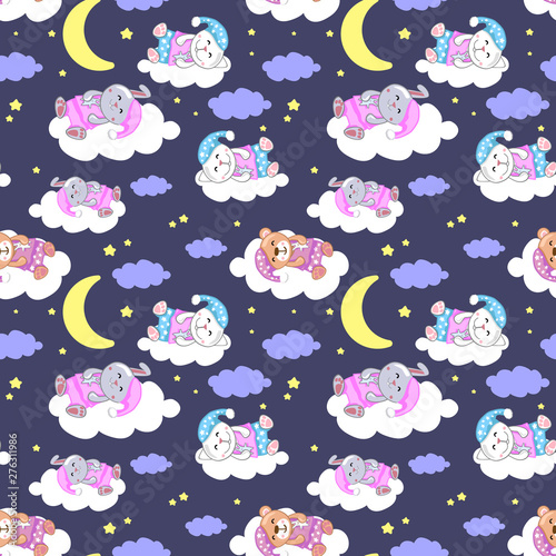 cute sleeping animals vector seamless pattern