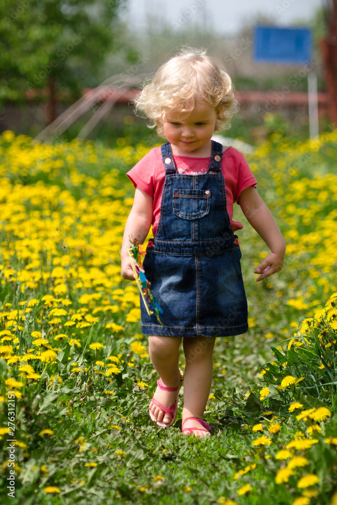 girl walking in a clearing among the flowers girl walking in a clearing among the flowers