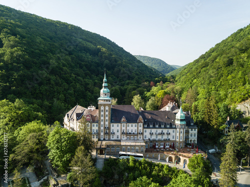 Aerial drone view to Lillafured Castle in Hungary in Bukk National Park