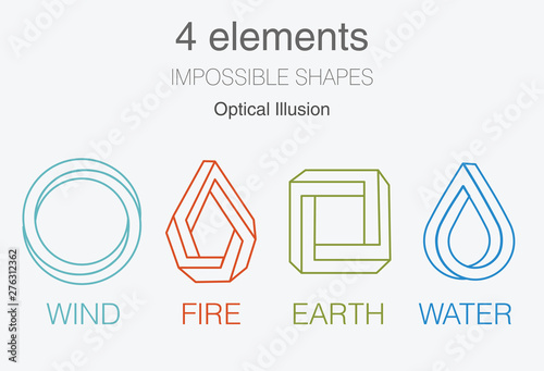 Nature infographic elements on dark background. Impossible shapes and optical illusion. Line symbols with air, fire, earth, water. Alternative energy sources and eco logo