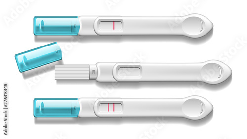 Plastic Pregnancy Test With Blue Cap Set Vector. Device Allowing Urinoscopy And Determine Signs Of Pregnancy Woman At Early Stage. Positive Negative Result Red Lines. Realistic 3d Illustration