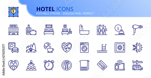 Simple set of outline icons about hotel