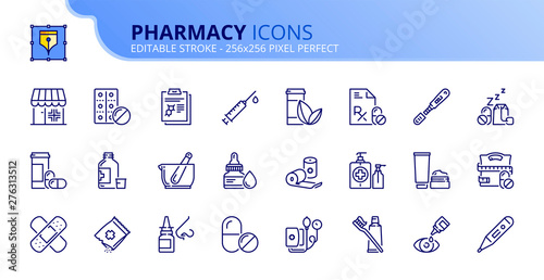 Simple set of outline icons about pharmacy