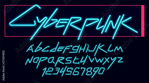 Vector neon cyber font and alphabet. luminescent cyberpunk 2077 font.