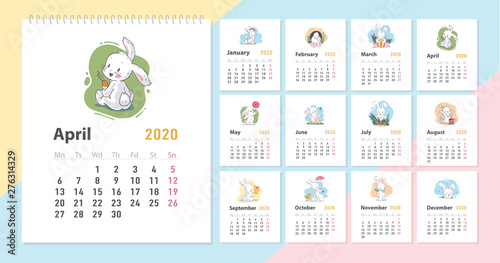 Vector baby calendar for 2020 year template with cute little funny white bunny character in cartoon hand drawn style walking  laughing  sitting  playing etc. Advent calendar design.