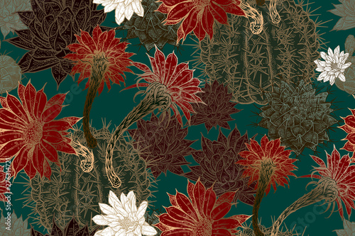 Slika na platnu Seamless color pattern with blooming cacti.
