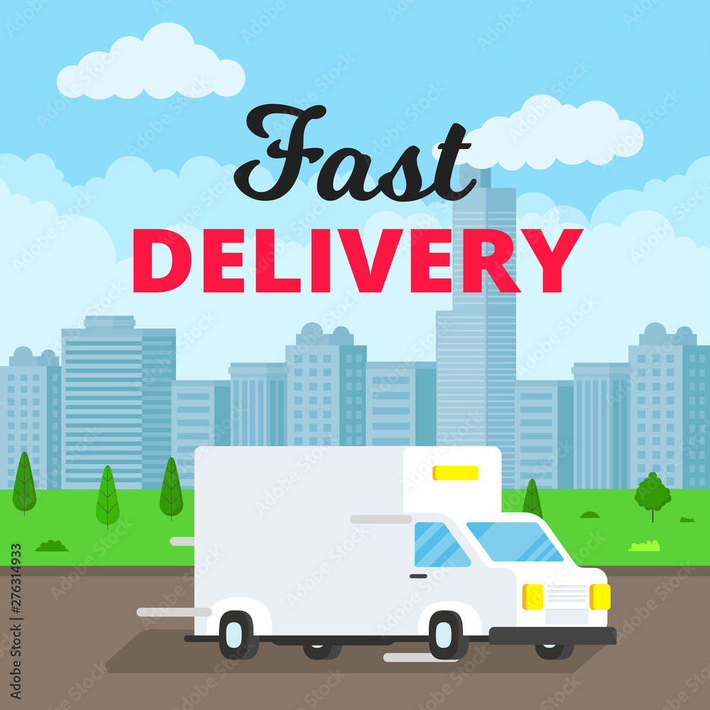 Fast delivery truck service on the road. Car van with landscape behind flat style design vector illustration isolated on light blue background.  Symbol of delivery company.