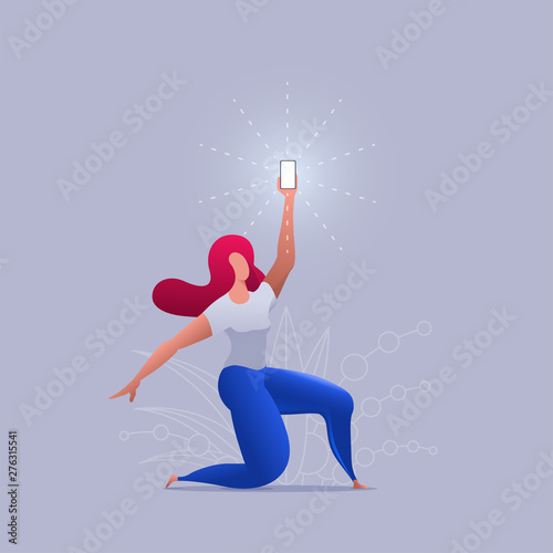 Beautiful girl holds up a shimmering phone.