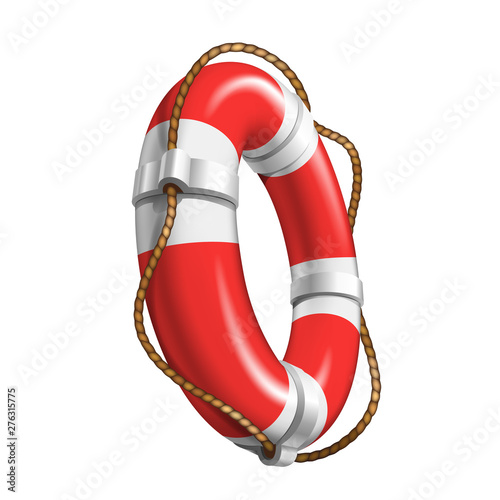 Life Saver Boat Element For Help Drowning Vector. Life Safety With Cable Equipment. Colorful Red And White Survival Round Lifebelt In Ocean Lifeguard Device Realistic 3d Illustration