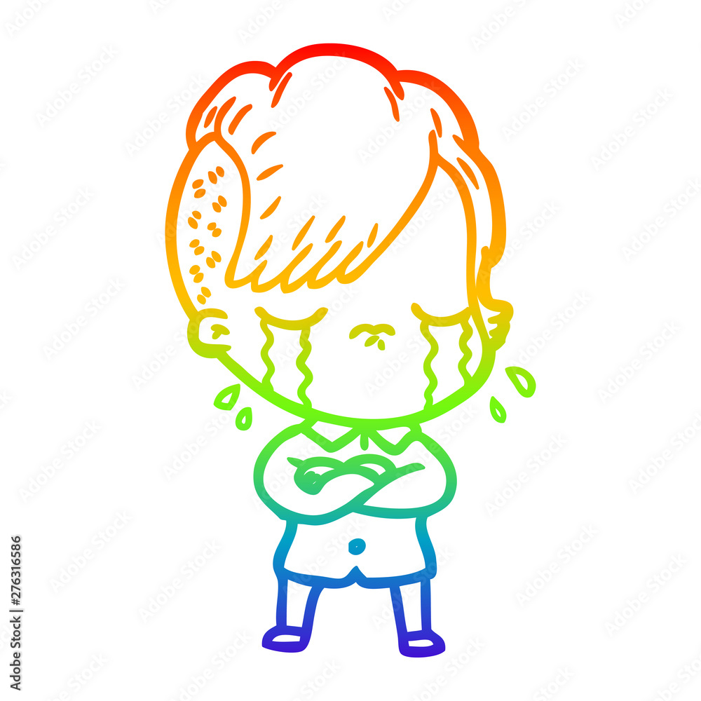 rainbow gradient line drawing cartoon crying girl with crossed arms rainbow gradient line drawing cartoon crying girl with crossed arms