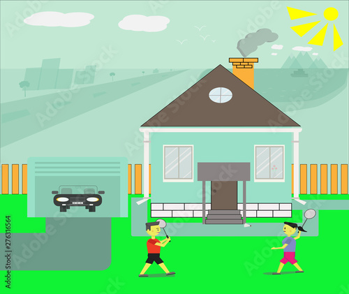  Сhildren are resting in a country house in nature. Vector illustration in a flat style