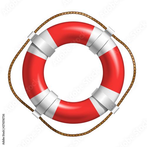 Red And White Lifebuoy For Help Life In Sea Vector. Lifebuoy Of Solid Floating Material In Shape Of Torus. Flotation Hoop With Rope In Bright Color Front View Realistic 3d Illustration
