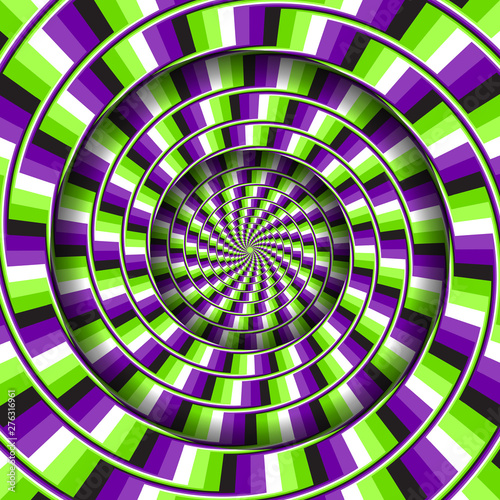 Abstract round frame with a rotating purple green broken stripes pattern. Optical illusion hypnotic background.