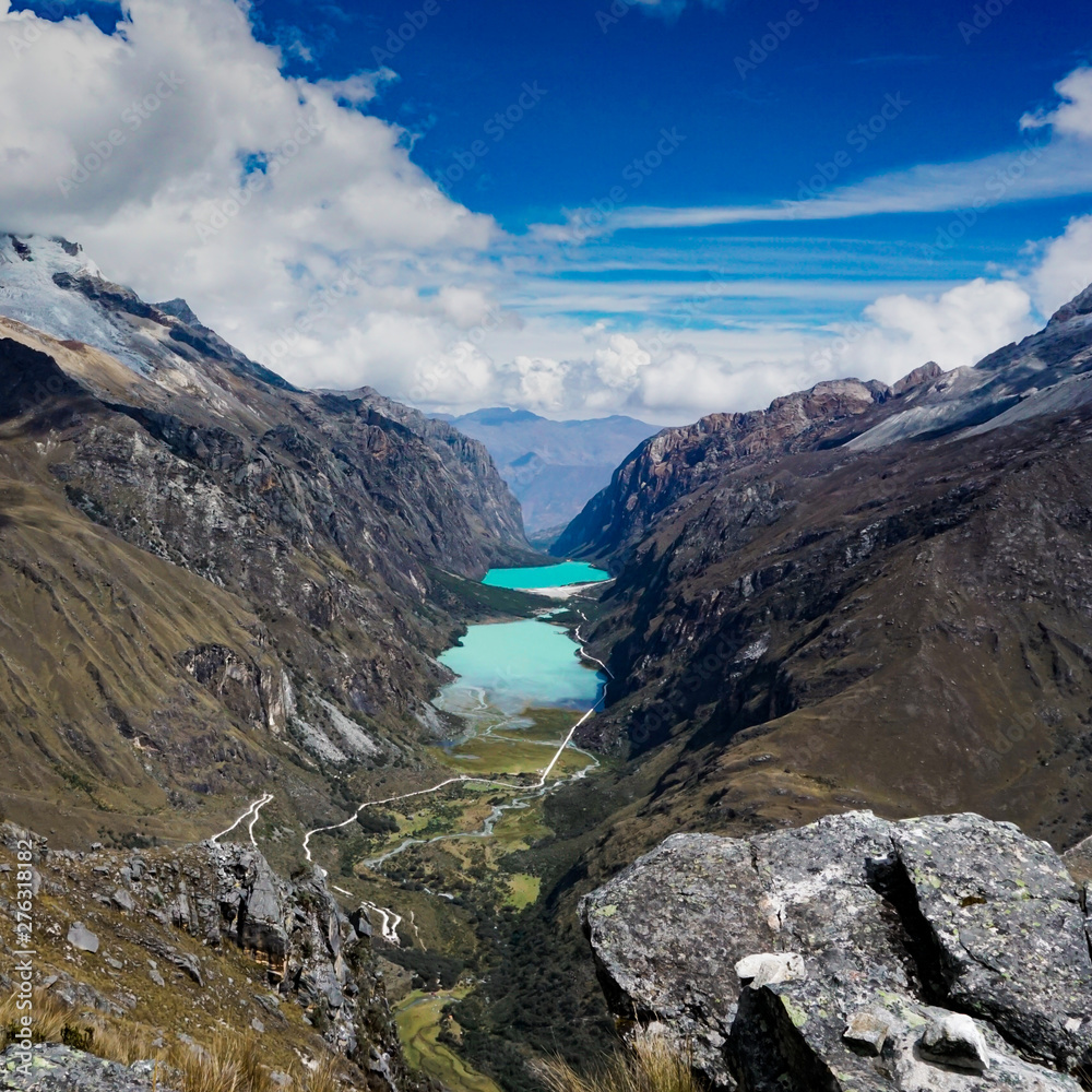 beautiful mountain valley with turquoise lakes and great scenery in the Andes of Peru
