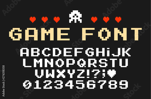 Set of vector letters in retro style. Game design. Font of old games. 8 bit letters and numbers vector alphabet.