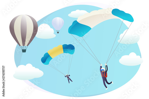 Cartoon skydivers and flying balloons vector background web page