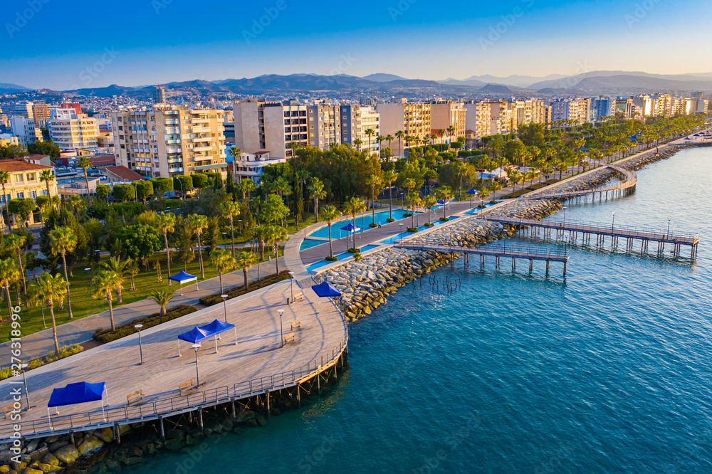 Limassol. Cyprus. The seafront of Limassol Molos day panorama. Beach promenade Limassol from the height. Mediterranean sea coastline. The beaches of Cyprus. Vacation in Cyprus seaside. - obrazy, fototapety, plakaty 