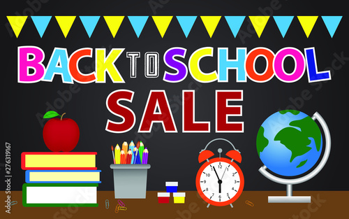 Back to school sale vector banner design with colorful elements of apple, books, paint brush, colored pencil, art paints, clock, paper clip and pencil in black chalk board background