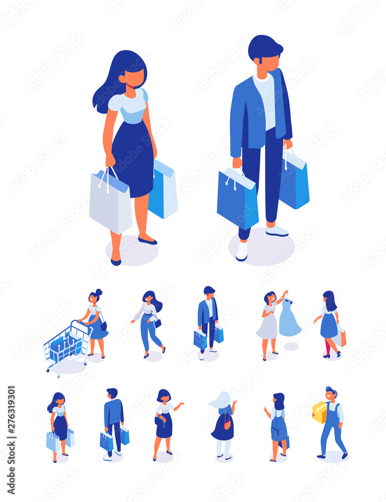 Isometric People vector set. Customers, buyers with shopping bags and shopping cart. Big sale. Supermarket. Flat vector characters isolated on white