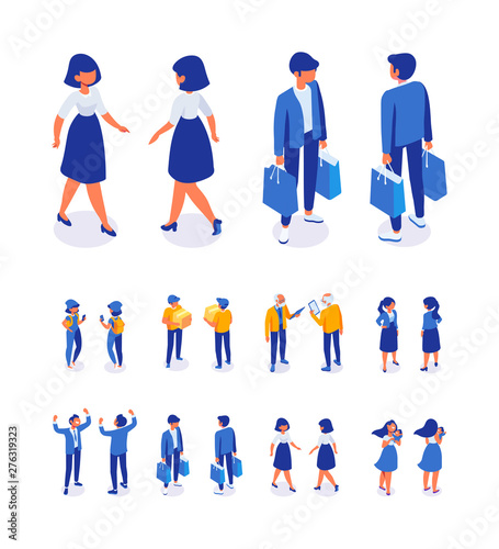 Different isometric people, men and women 3D - front and back view. Vector flat illustration isolated on white background.